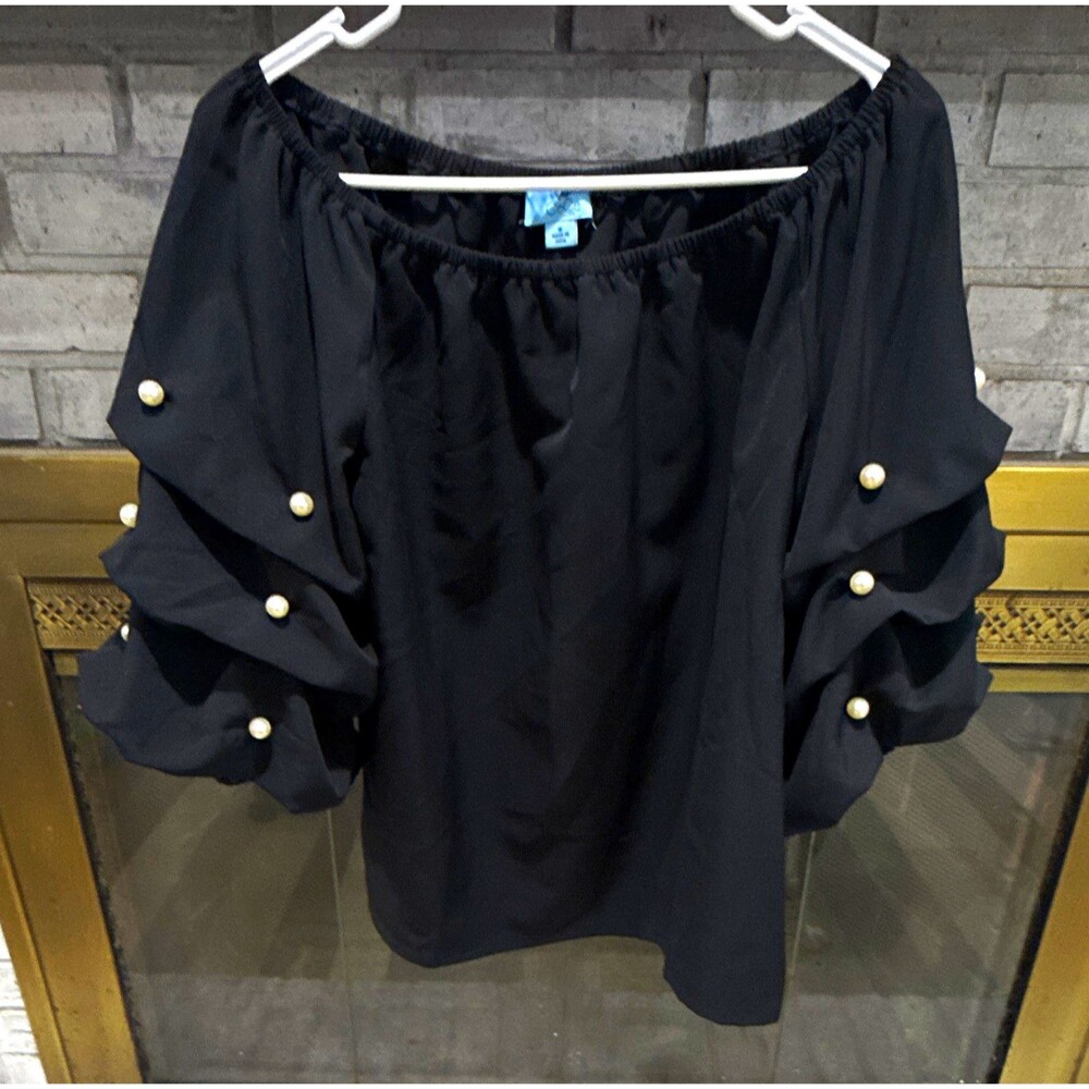 CeCe Women's Black Off-The-Shoulder Chiffon Ruffle Pearl Blouse Size M